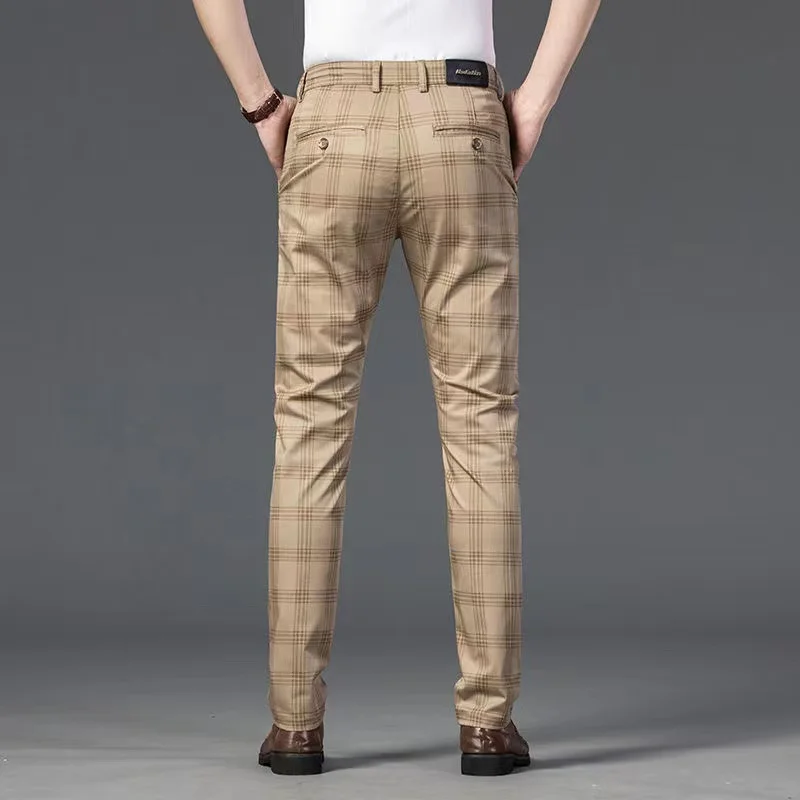 Summer Thin Mens Striped Plaid Pants New Business Casual Pants Slim Fit Straight Stretch Trousers Fashion Male Pants
