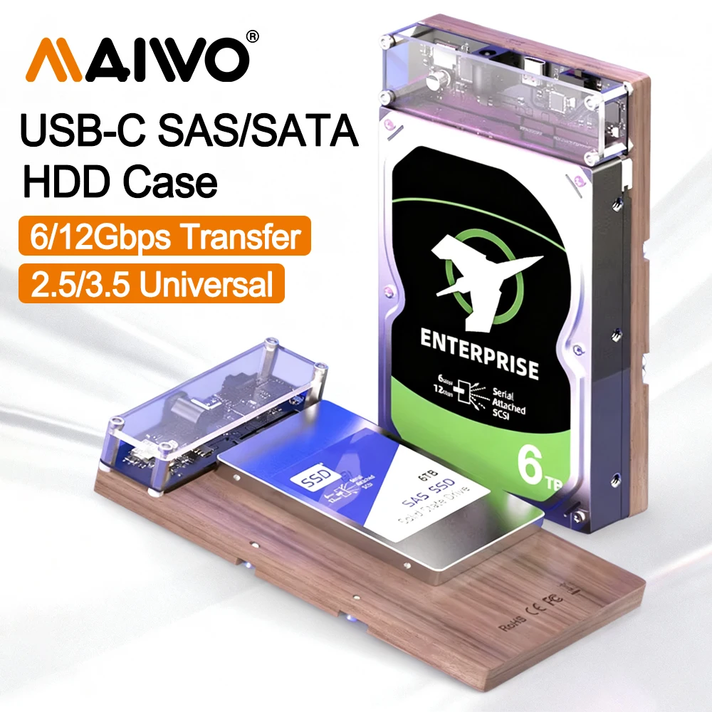 MAIWO 2.5''/3.5'' SAS HDD 케이스 6/12Gbps 타입-C USB 3.0 하드 드라이브 도킹 스테이션 SAS 디스크 읽기 및 쓰기용 12V 전원 어댑터 포함
