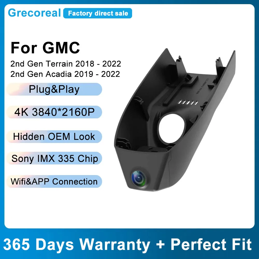 

Grecoreal Car DVR for GMC Terrain Acadia 2022 2021 2020 2019 2018 Plug Play Dash Cam 4K Wifi Dashcam Video Recorder Front Rear