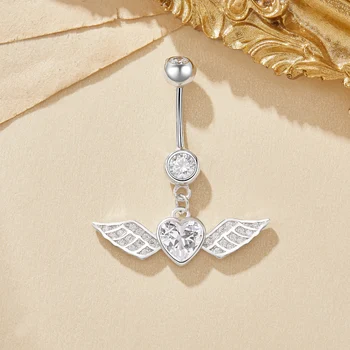 Angel Wings Heart CZ Stone Solid 925 Sterling Silver Belly Button Ring Belly Piercing Navel Bar Curved Barbell Navel Ring6790023