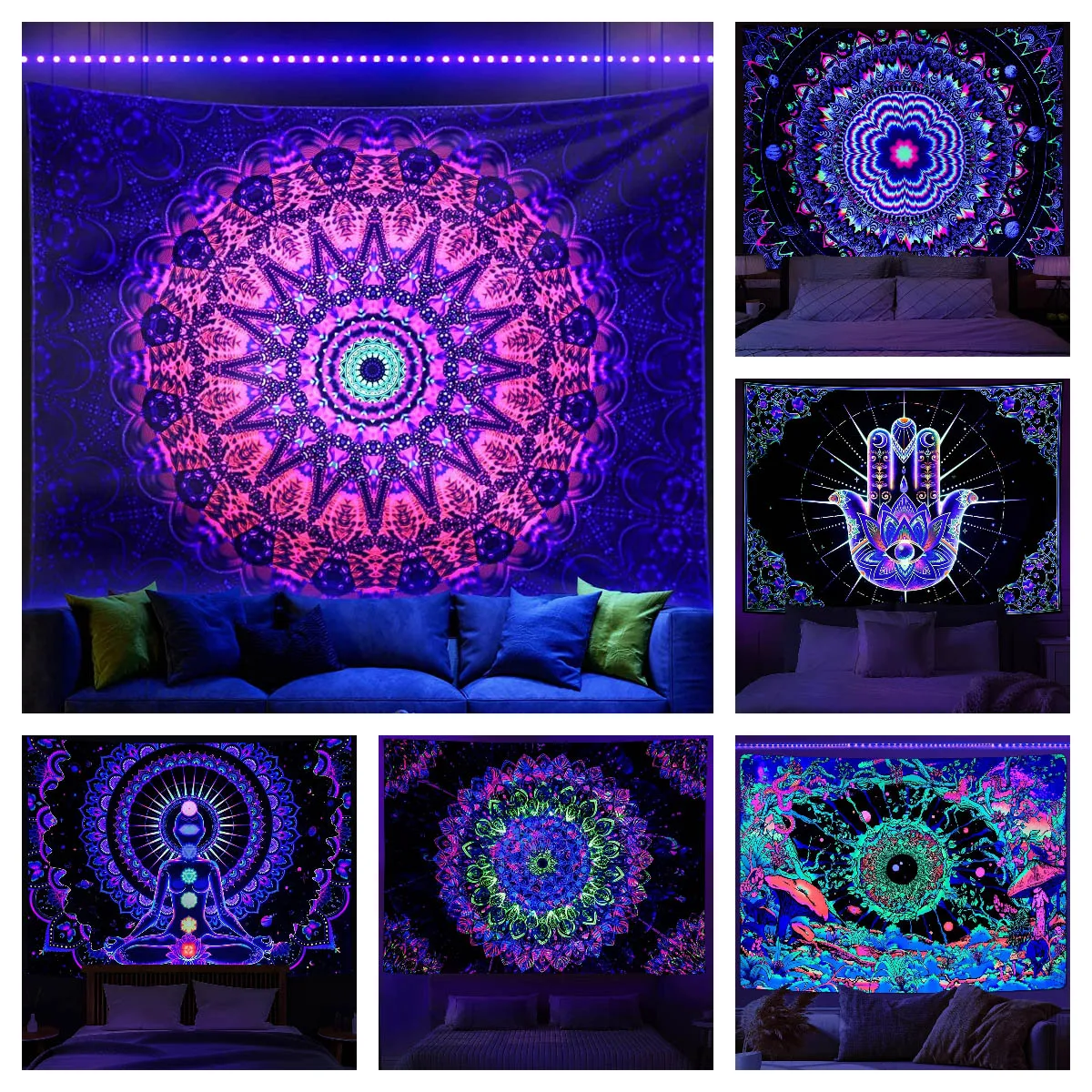 Blacklight  Mandala Kárpit Huszita Hippi szoba dekor Esztétikai UV Visszamenőleges Jóga meditációt falra Akasztás tapestrie számára Hálószoba