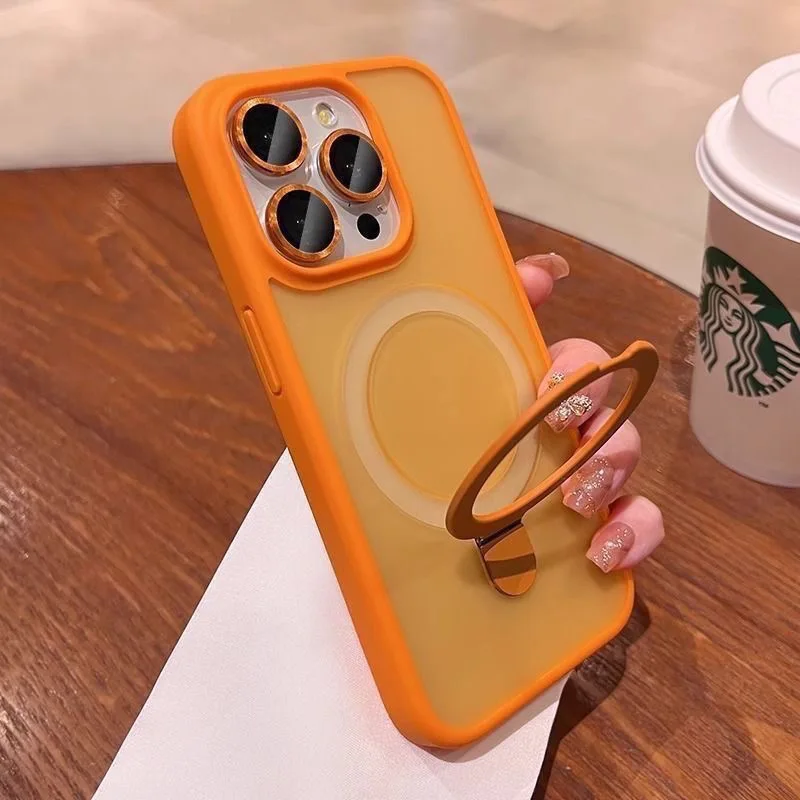 Matte Ring Holder Magnetic Phone Case with Glass Lens Protection for Magsafe Wireless Charging