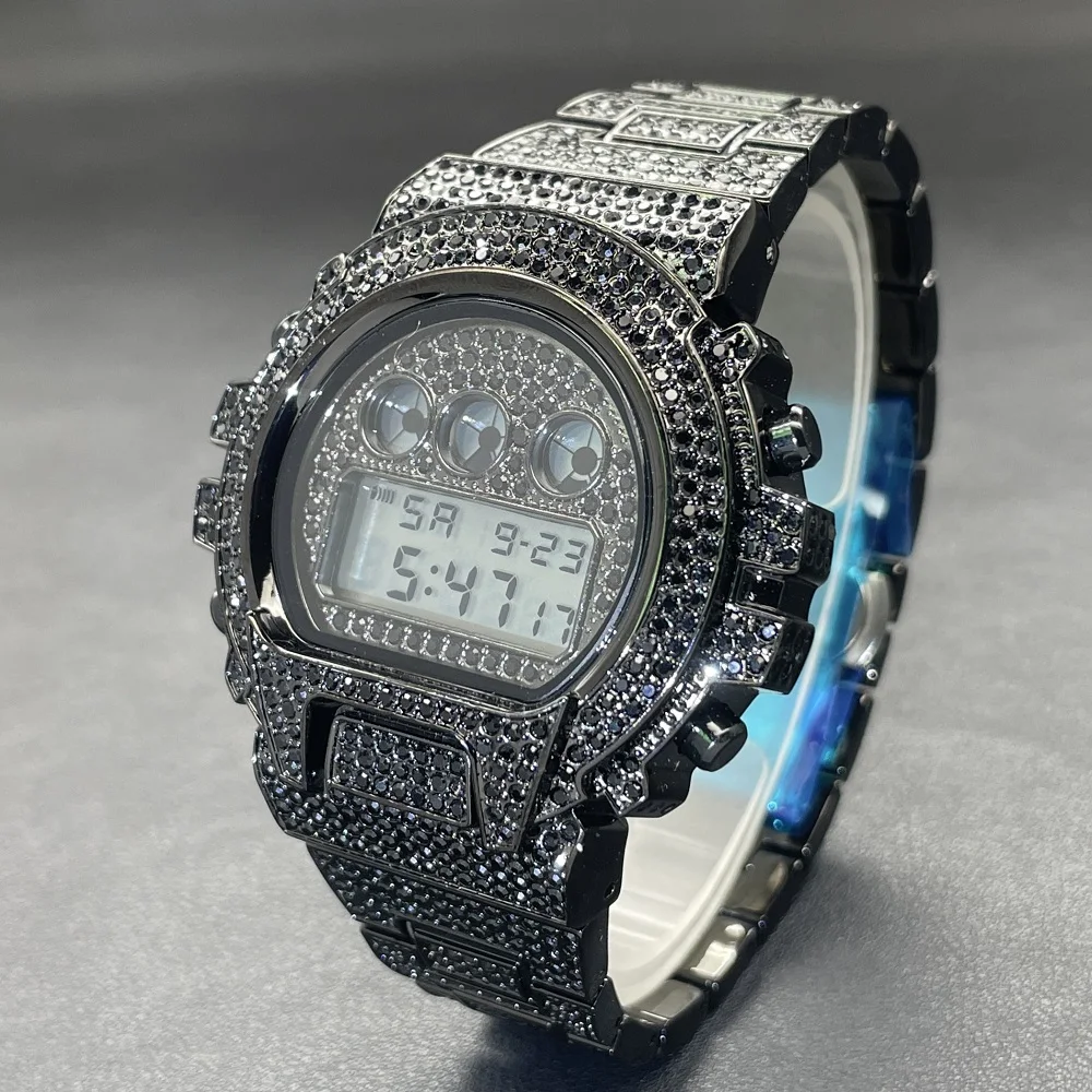 Fashion Cool Black Watch for Mens Brand PLADEN Multifunctional Stainless Steel WristWatch Hip Hop Full Diamond Electronic Watch