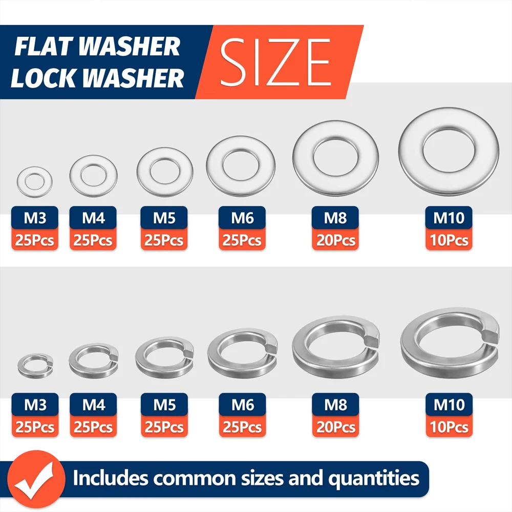 Stainless Steel Washers 260pcs Lock and Flat Washer Assortment Kit