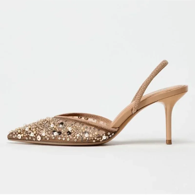 Women Mesh String Bead High Heels Sandals Bling Sexy Pointy Toe Mules Slippers Luxury Designer Slingbacks Dress Shoe Pumps