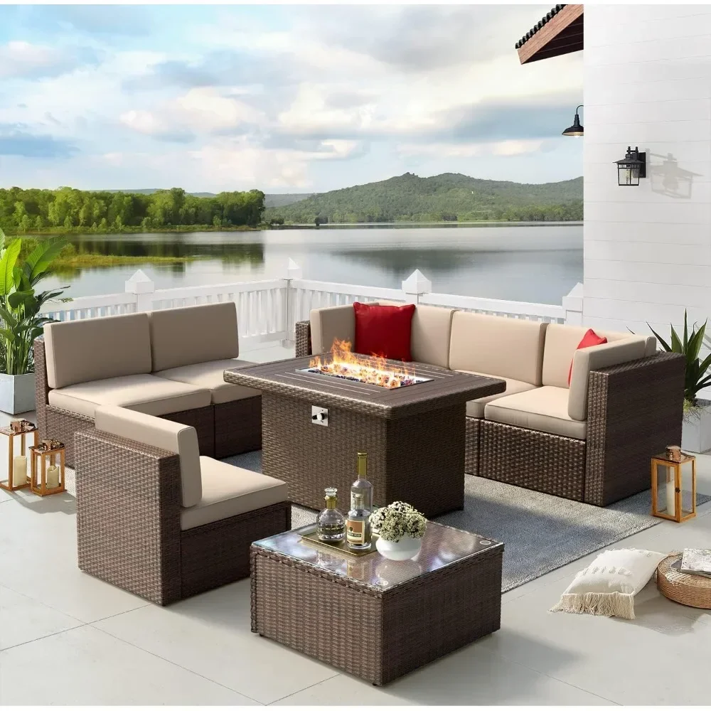 

Garden Furniture 8 Pieces Set with 40" Fire Pit Outdoor Sofa Sets, Wicker Furniture Set with Coffee Table, Garden Furniture Sets