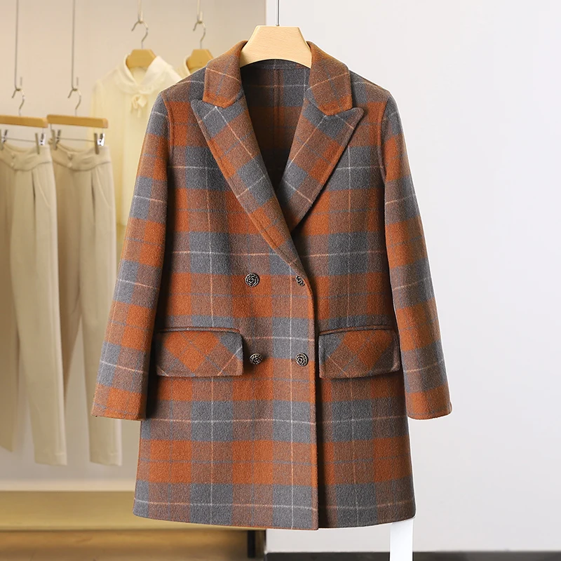 

Women's wool coat winter woolen coats plaid elegant long overcoat
