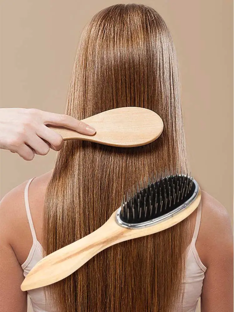 Wooden Handle Detangling Hair Brush Hair Wig Styling Steel Combs Wide-toothed Round Head Massage Brush Barber Metal Comb