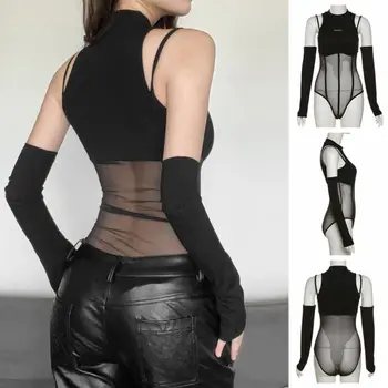with Arm Sleeves Lace Slim Bodysuit Spicy Girl Style Crop Top Translucent Bodysuit Neck Tee Wrap Round Solid Neck