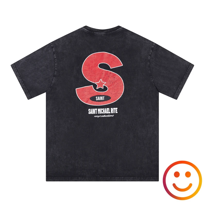 

Cracked Red S Logo Saint Michael Wash Black T-Shirt Men Women High Quality Oversize Retro Streetwear Short Sleeve Tops Tee