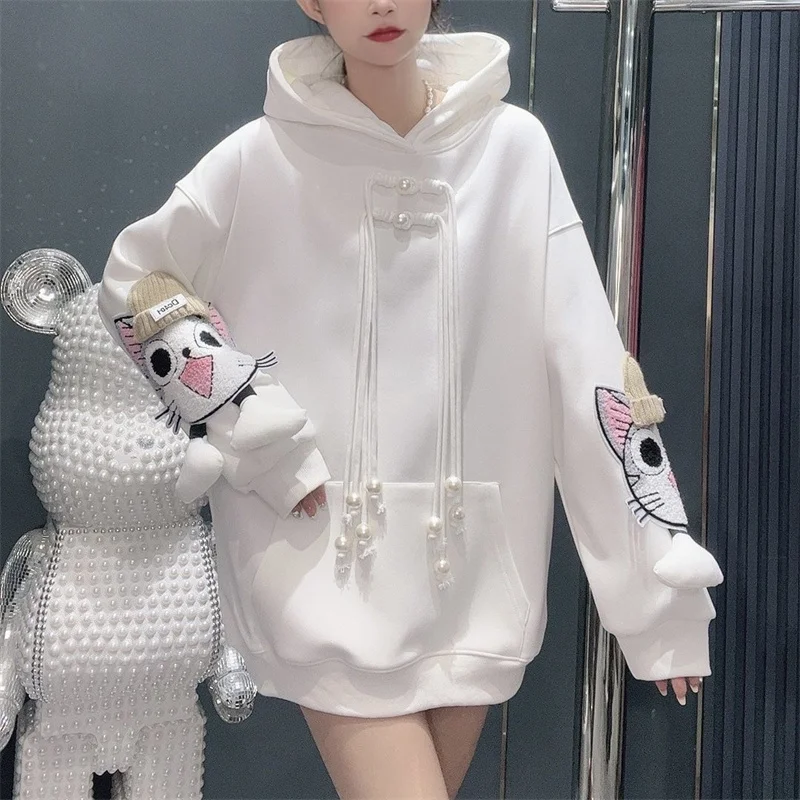 2025 Winter Outside Wear Plus Velvet Thickened Long-Sleeved Hoodie Women's Fashion Age-reducing Mid-length Loose and Thin Top X4