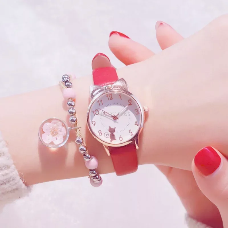 Cute Kids Children Watch Cartoon Cat Multi-color Quartz Clocks for Girls Clock WristWatch Rosette Watches Colorful Gift(No Box)