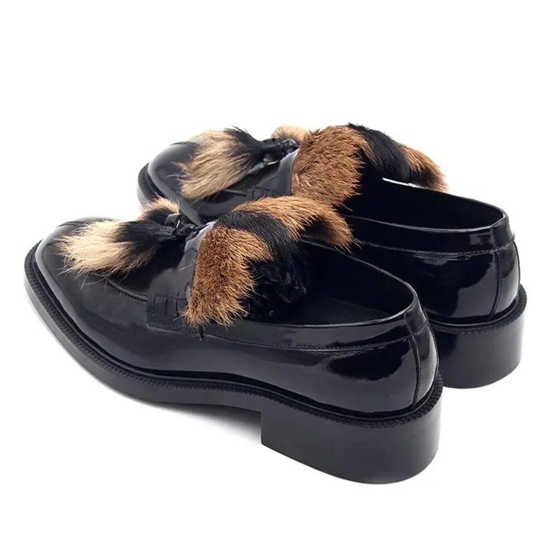 High Quality Men Dress Shoes Genuine Leather Luxury Fur Tassels Mens Business Casual Formal Shoes Black Slip-On Footwear Man