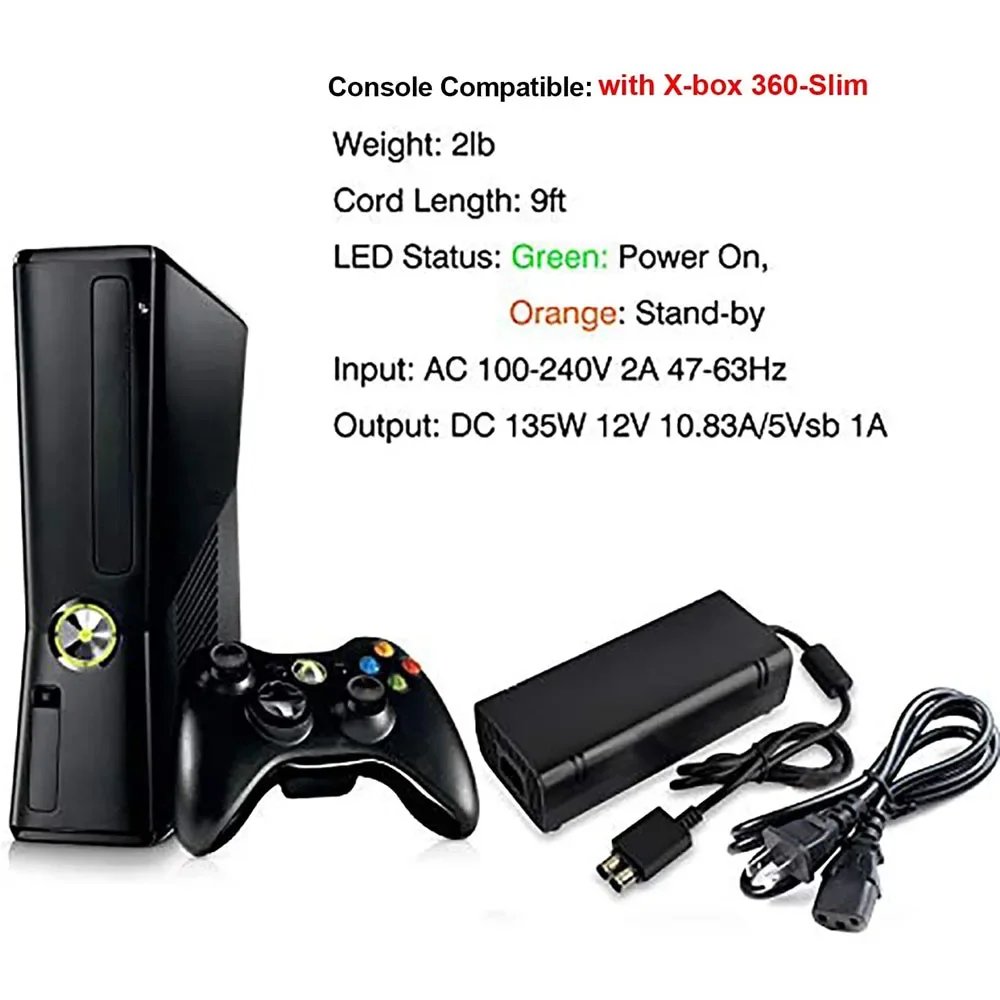 전원 공급 장치 코드 AC 어댑터 Xbox 360 Slim 360s용 전원 브릭 교체 충전기(케이블 자동 전압 100-240V 포함), 검정색