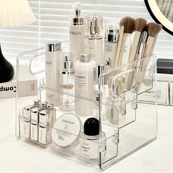1pc transparent portable three compartment cosmetic storage box desktop dresser large capacity skin care perfume display rack 1