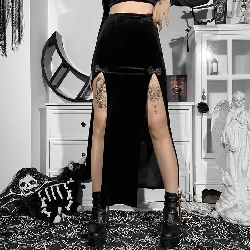 black maxi skirt Dark series skirt 2022 new design feeling minority bow Suede double-slit half-length skirt denim skirt