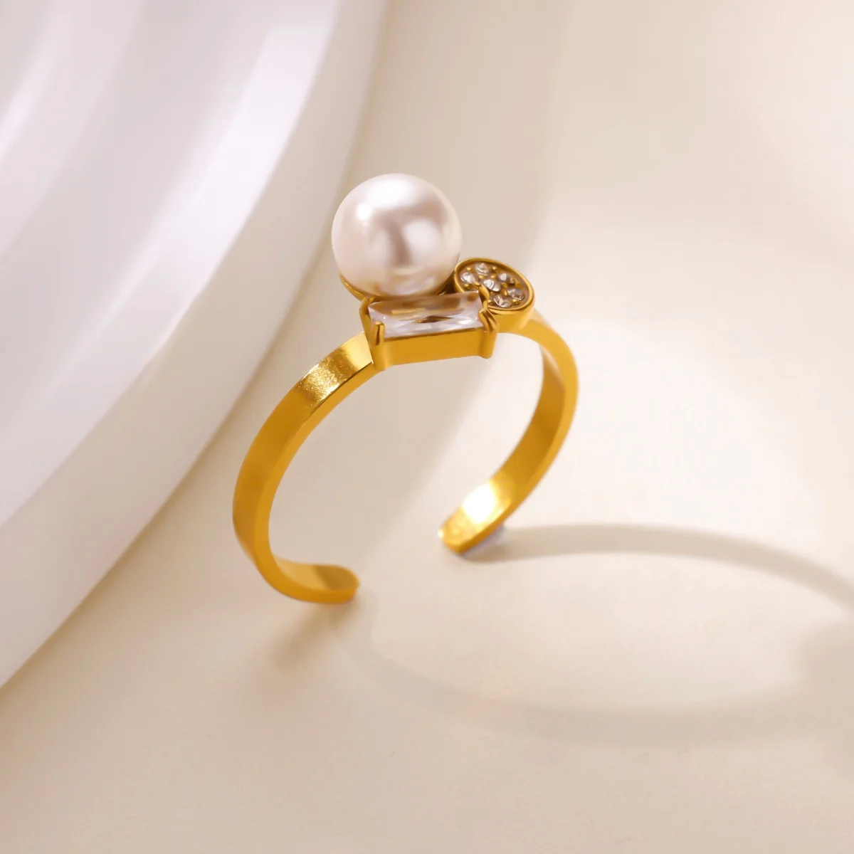 Zircon Imitation Pearls Rings Gold Stainless Steel