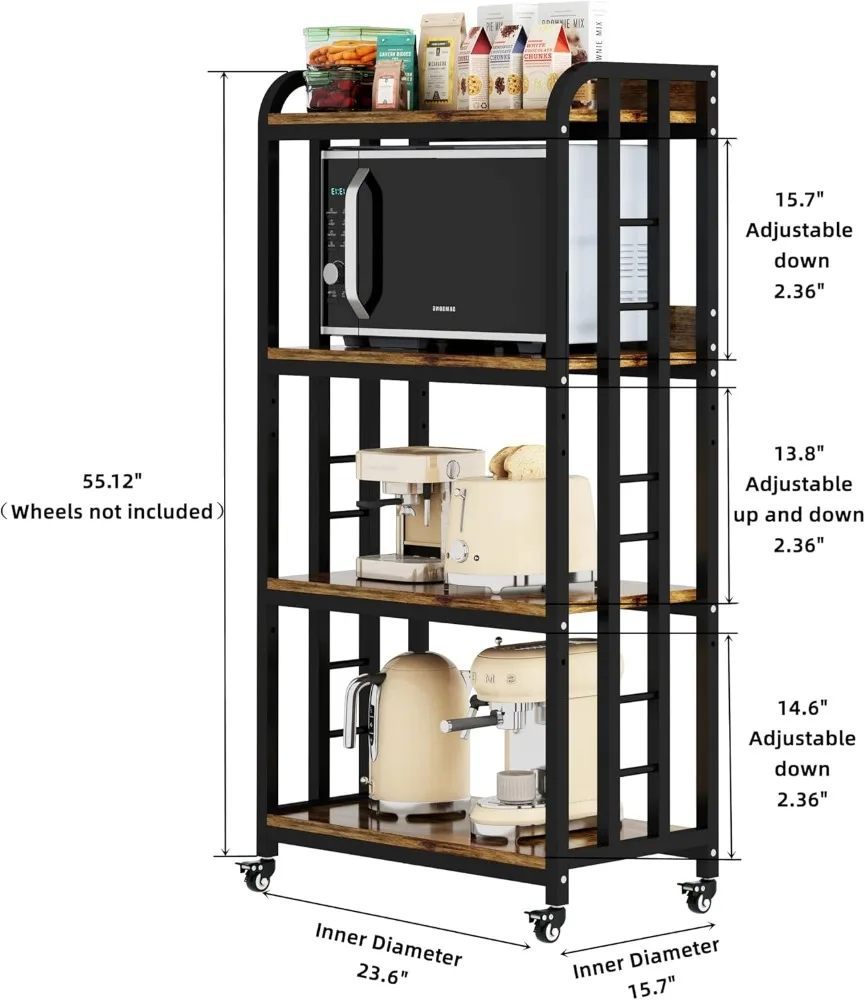 4-Tier Kitchen Baker's Rack with Rolling Wheels, Microwave Oven Cart Stand, Adjustable Utility Shelving Storage Unit - Image 2