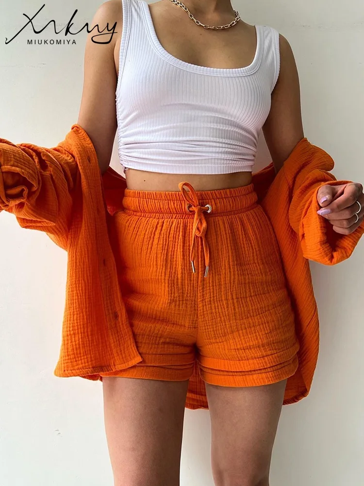 Short Two Piece Set For Women Shorts And Top Orange Loose Women's Summer Suit Oversize Shorts And Long Sleeve Shirts Sets Ladies ladies jeans high waist loose straight pants 2022 cartoon printed zipper casual women s pants oversize casual denim pants