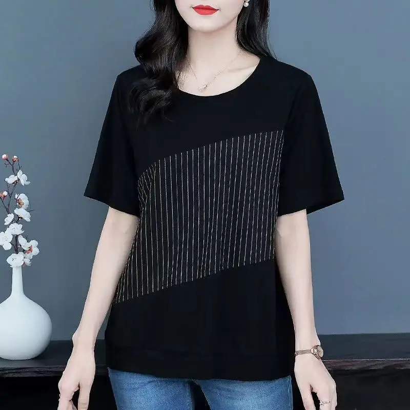 

Fashion Women Black Striped T-shirt Summer Female Clothing New Basic Tees Short Sleeve Loose Pulover All-match Casual Midi Tops