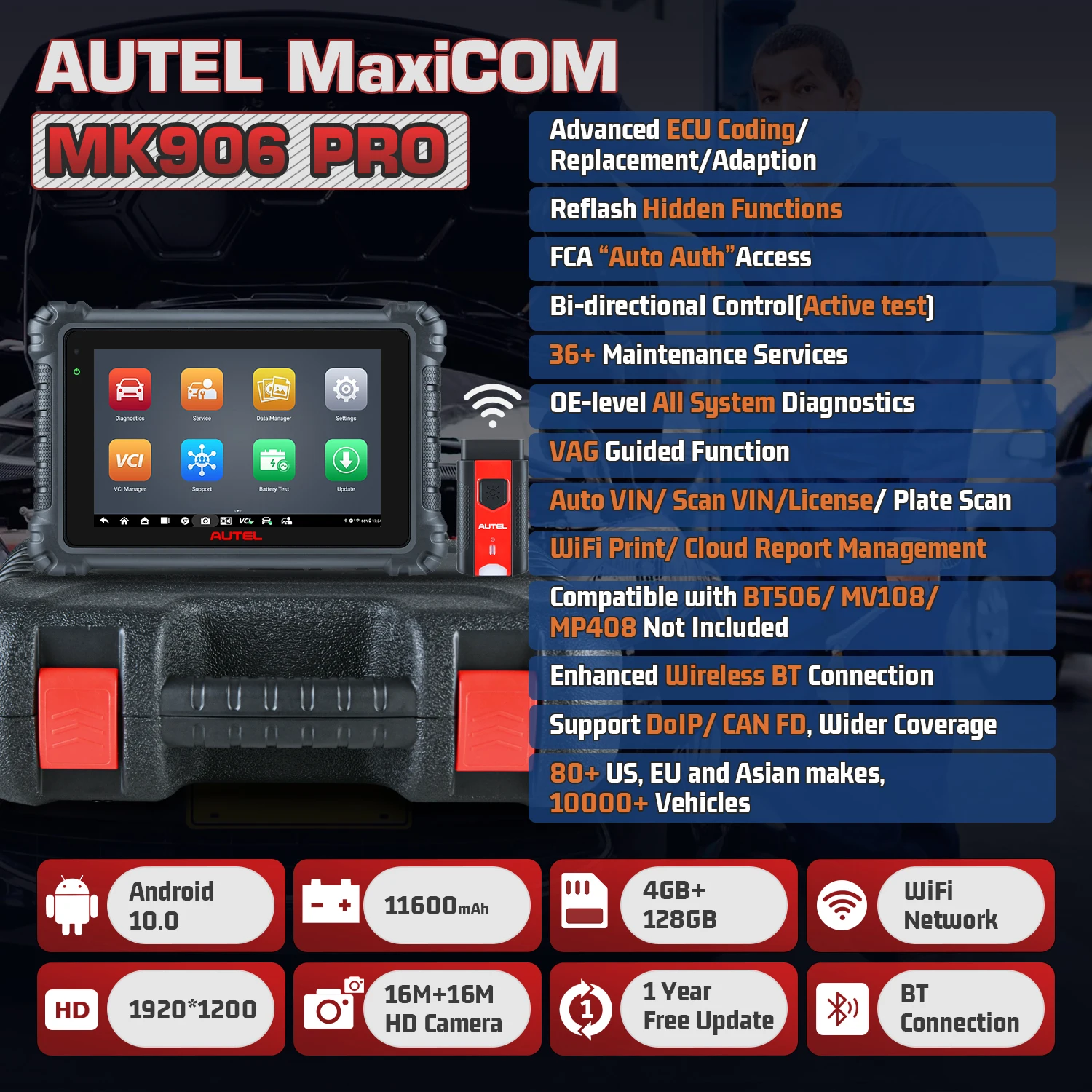 Autel MaxiCOM MK906PRO Diagnostic Tool, MK906S Pro OBD2 Car Scanner Tool  ECU Coding 36+ Service All System Diagnosis CAN FD DoIP