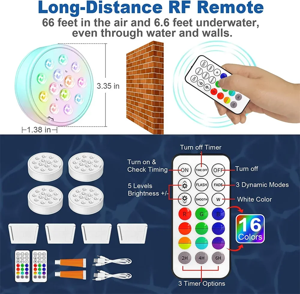 Underwater Light USB Rechargeable Submersible LED Pool Lights Remote RF IP68 Waterproof for Inground Pool Decor