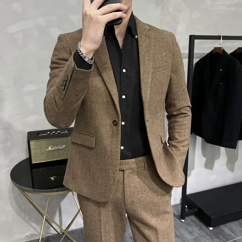 

2023Fine high-end solid colour wool thick tweed (suit + trousers) business thick section slim suit thick suit two-piece suit