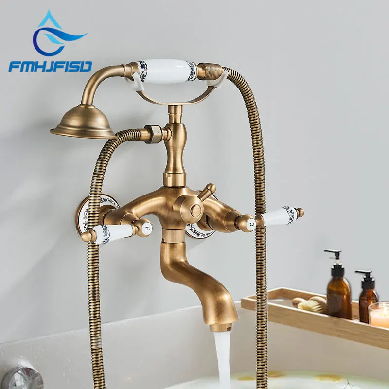 Antique Brass Wall Mounted Bathtub Faucet Brass Telephone Style Bath Shower Tap Waterfall Swivel Spout Dual Handle Tub Mixer bathtub faucet