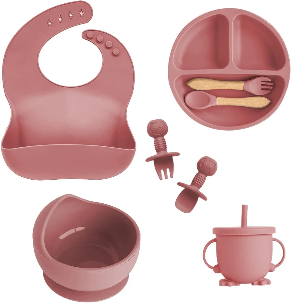 Vajilla De Silicona De 6-8 Piezas Para Bebé Juego De Baberos Con Ventosa Tazón Cuchara Tenedor Taza De Alimentación Plato Dividido Platos Infantiles Vajilla Para Niños Suministros Para Madres Y Bebés