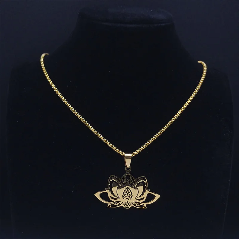 Yoga Lotus Flower Chakra Necklace Gold Color Buddhist Symbol Necklaces Lucky Amulet Spiritual Jewelry colier femmes N3386S02