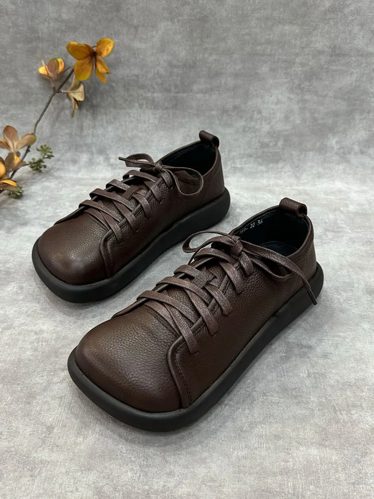 Birkuir Retro Square Toe Lace Up Platform Shoes For Women Thick Heel Soft Luxury Flat Platform Genuine Leather Elegant Shoes