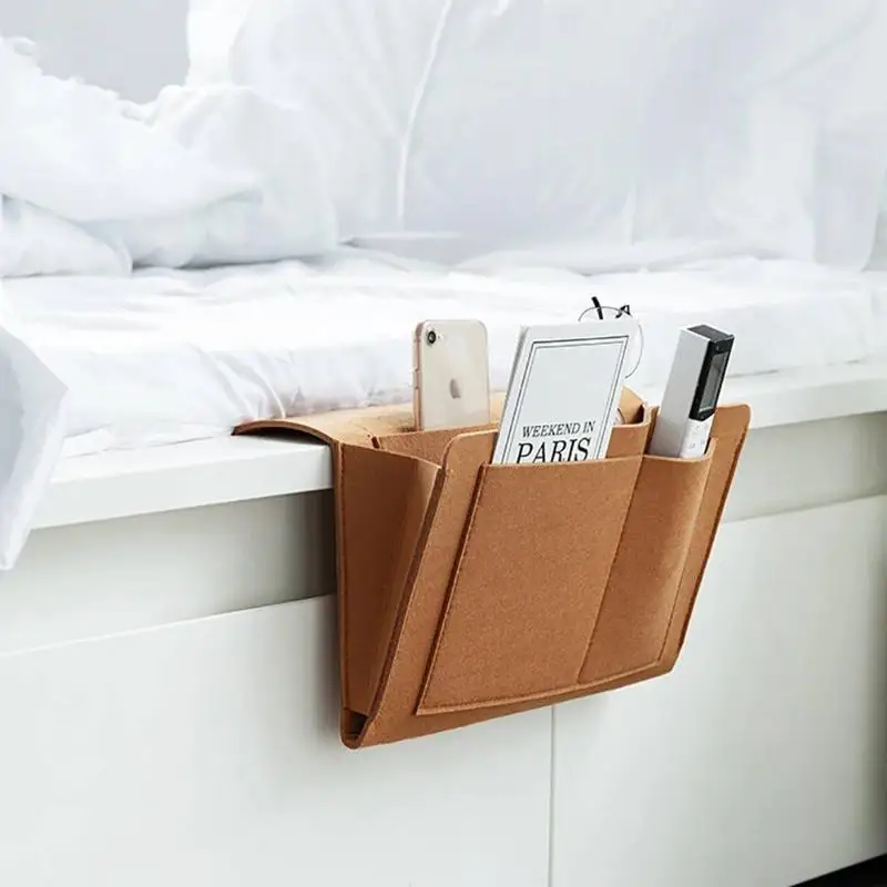 1 Stück Filz-Aufbewahrungsorganizer für das Bett, Handy-, Buch- und Zeitschriftenhalter, Taschen, hängende Aufbewahrungstasche, Baby-Taschentuchbox für Bett und Sofa – Detail 1