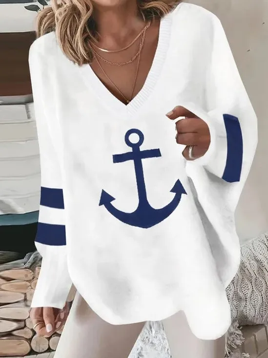 

Spring and Autumn Anchor Print Sweater Women's Pullover V-neck Women's Pullover Knitted Top Women's Long Sleeve Cashmere Sweater
