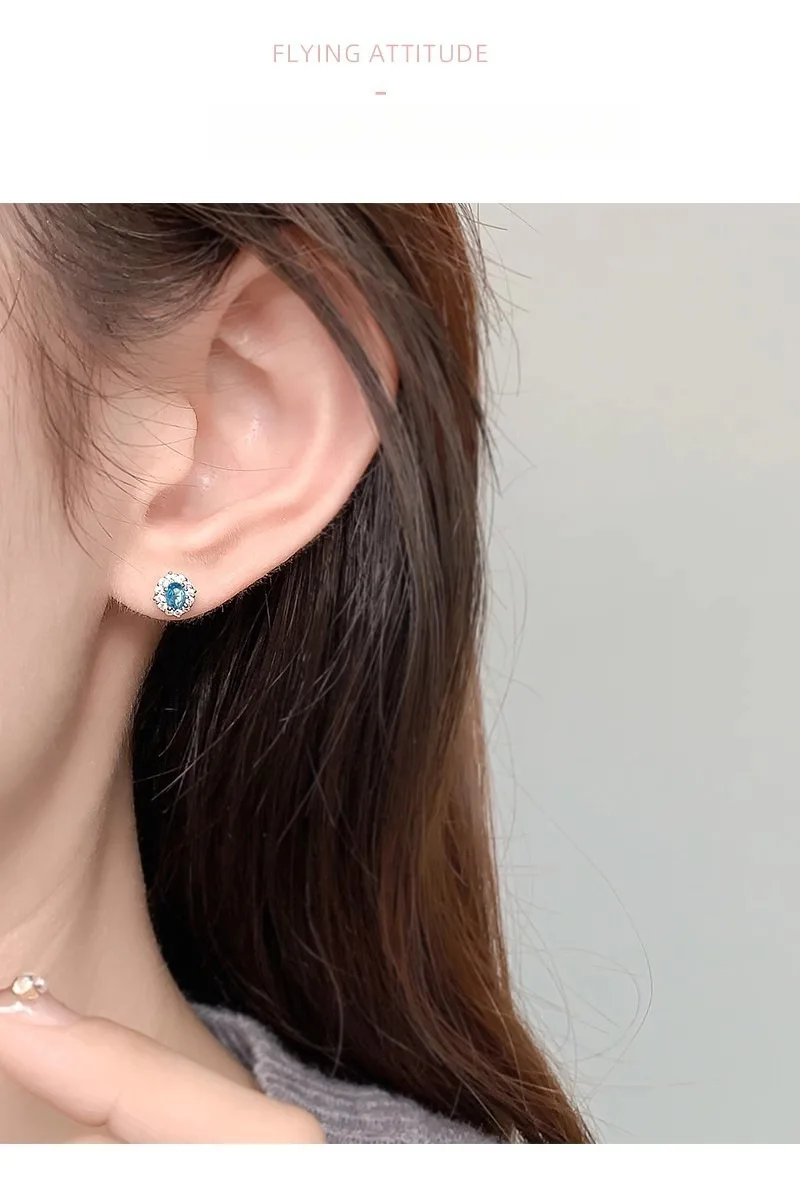 Ohrstecker aus 925er-Sterlingsilber mit blauem Zirkon und Blumenmuster für Damen, Piercing-Ohrringe, luxuriöser, eleganter Schmuck, verhindert Allergien – Detail 10