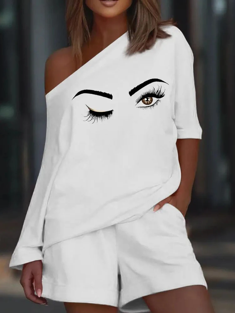 Casual Skew Collar Off Shoulder Fashion Sweatshirt Pants Trendy Sexy Loose 2 Piece Set 2022 Oversize T Shirts Shorts Suit Women