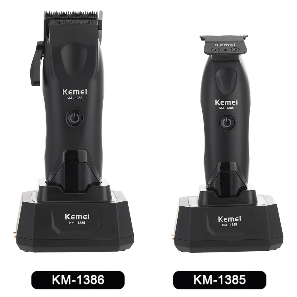 Kemei 1386 1385 전기 헤어 클리퍼 7500RPM 제로 갭 헤어 트리머 전문 헤어 커팅 머신 DLC 블레이드(충전 베이스..