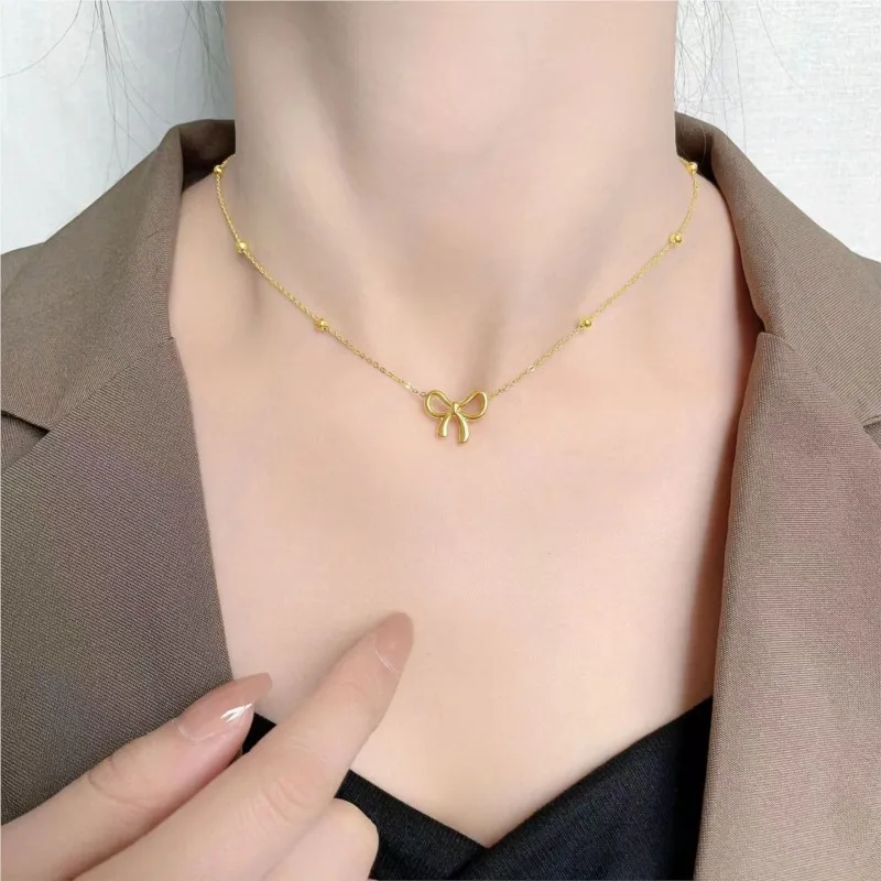 Anenjery l316 Stainless Steel Beaded Chain Hollow Bowknot Pendant Necklace for Women Niche Simple Jewelry Accessories_voghion.com