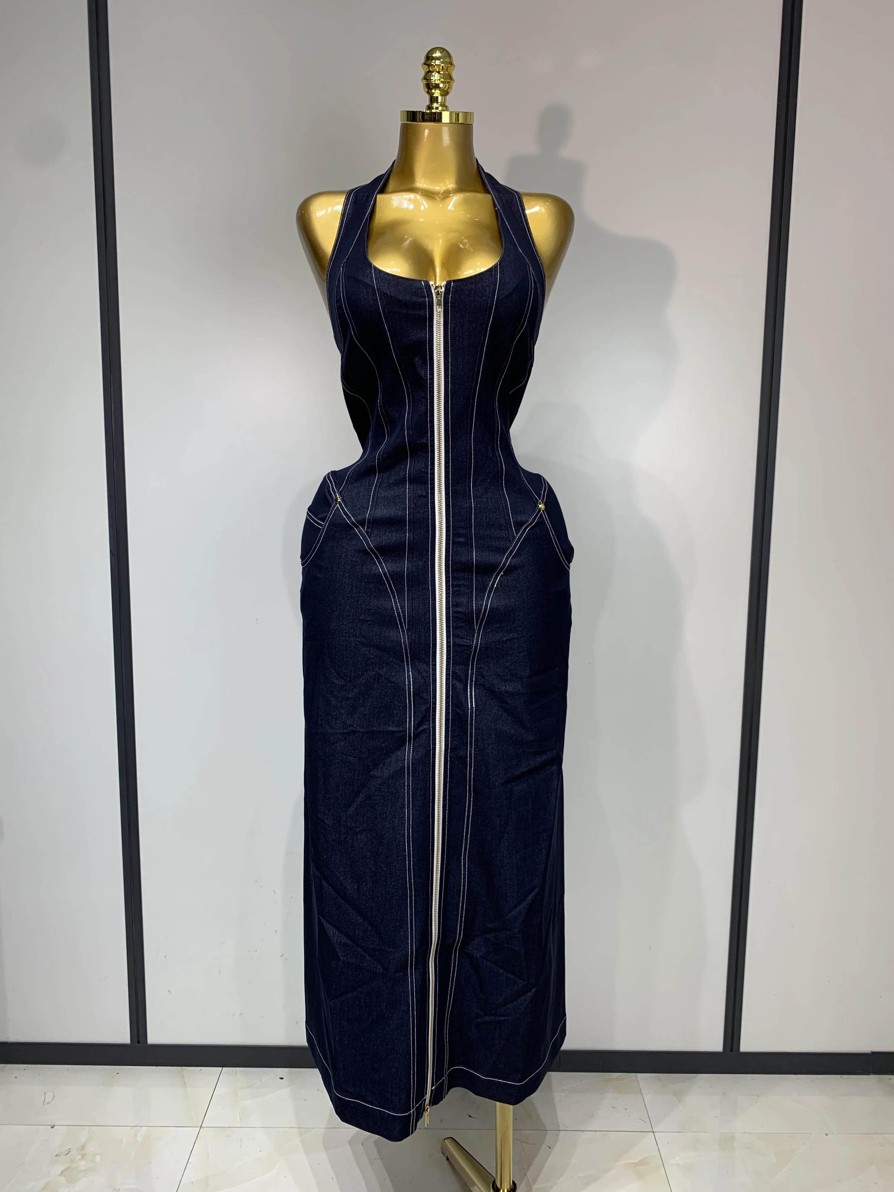 chinese dress ladies Anna-Kaci Sleeveless Button Down Premium Denim Dress - Blue main image 1