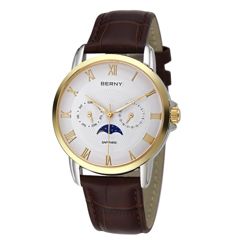 BERNY Orologio Da Polso Uomo Al Quarzo Con Fase Lunare, Movimento Giapponese Miyota, Cinturino In Vera Pelle Sgancio Rapido, Vetro Zaffiro, 3 ATM