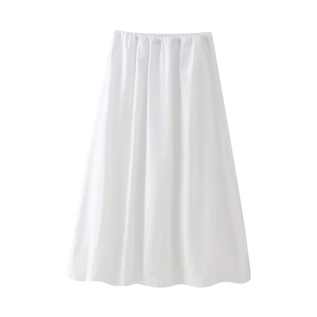 

TRAF 2024 White Skirts Women Summer Elastic Waistband Midi Skirt Casual Loose Midi Skirts Solid Streetwear Fashion Ruching Skirt