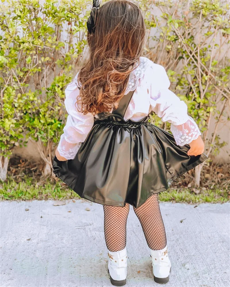 Girls clothing 1-6Y spring autumn fashion girls suits lace round neck bottoming shirt + leather PU strap skirt girls 2-piece set baby clothes set gift