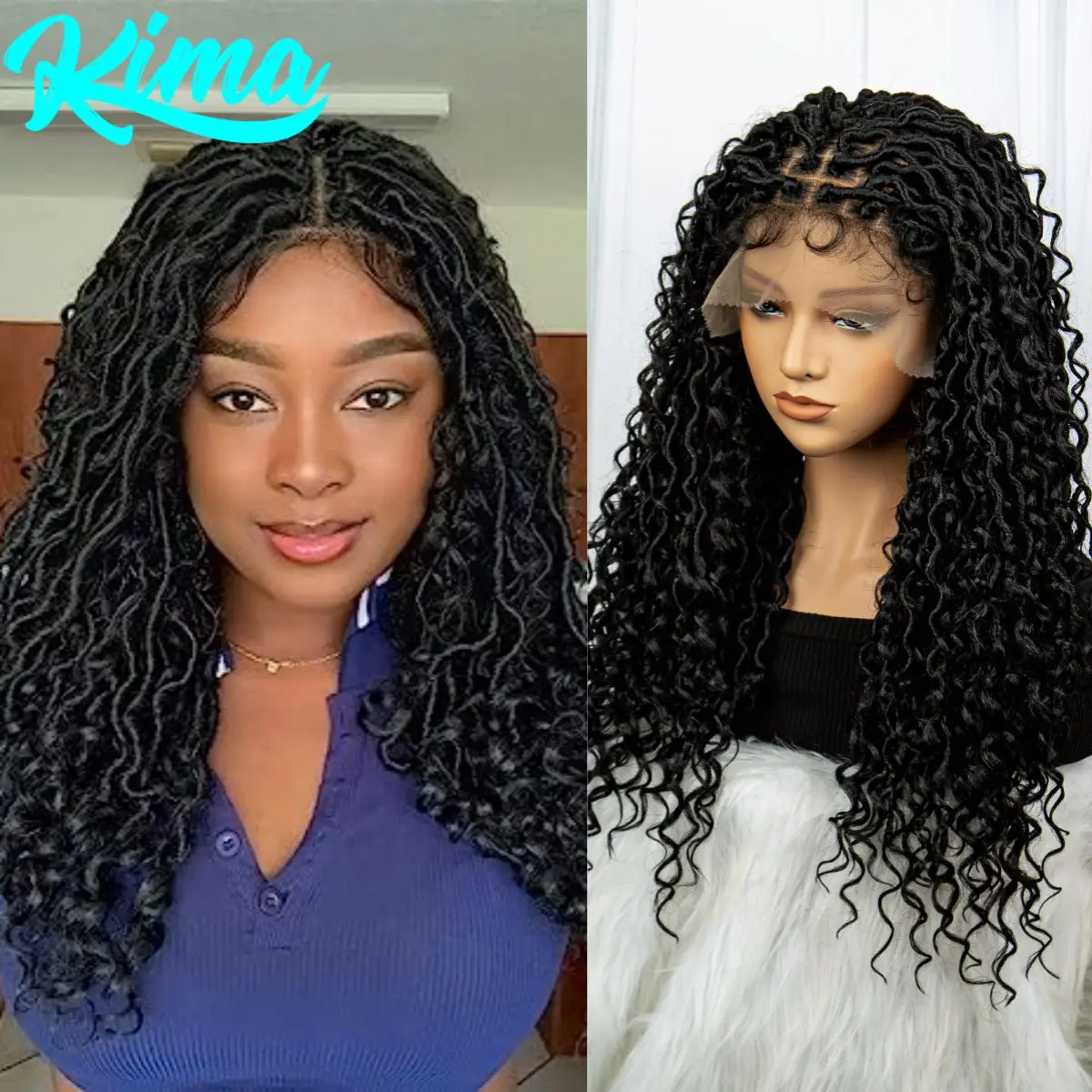 Faux Locs Braided Wigs Synthetic Dreadlock Braided Wigs With Curly Ends 26inch Lace Front Knotless Box Braids Wig with Baby Hair