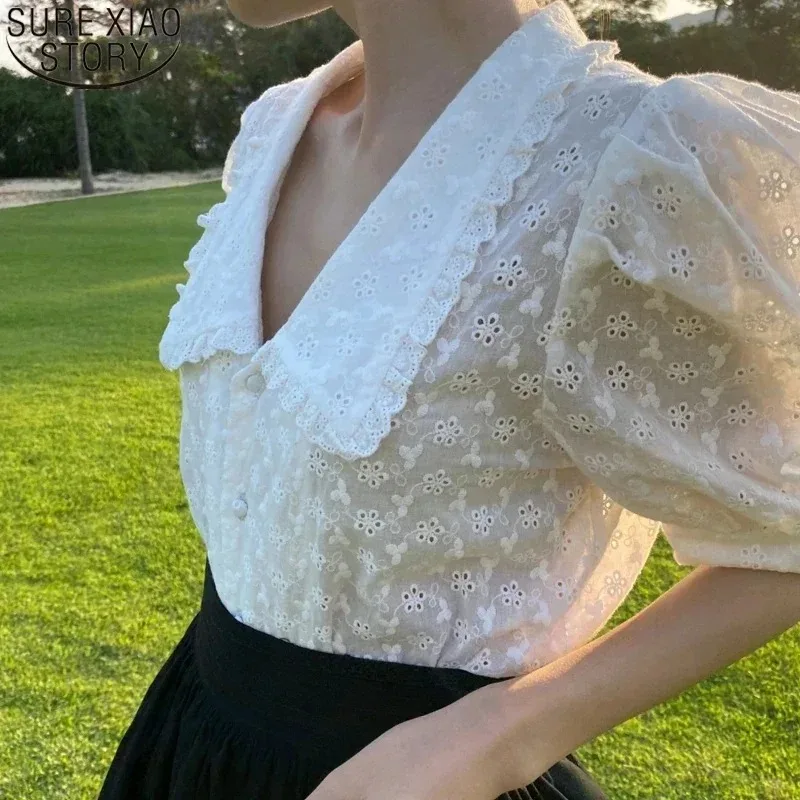 White Lace Blouse for Women Sweet Chic Puff Short Sleeve Shirt Hollow Flower Korean Peter Pan Collar Summer Tops 2025 13919