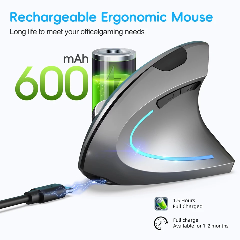 Mouse da gioco verticale ergonomico wireless ricaricabile ottico 2.4G per computer PC, laptop e desktop con connessione USB._voghion.com