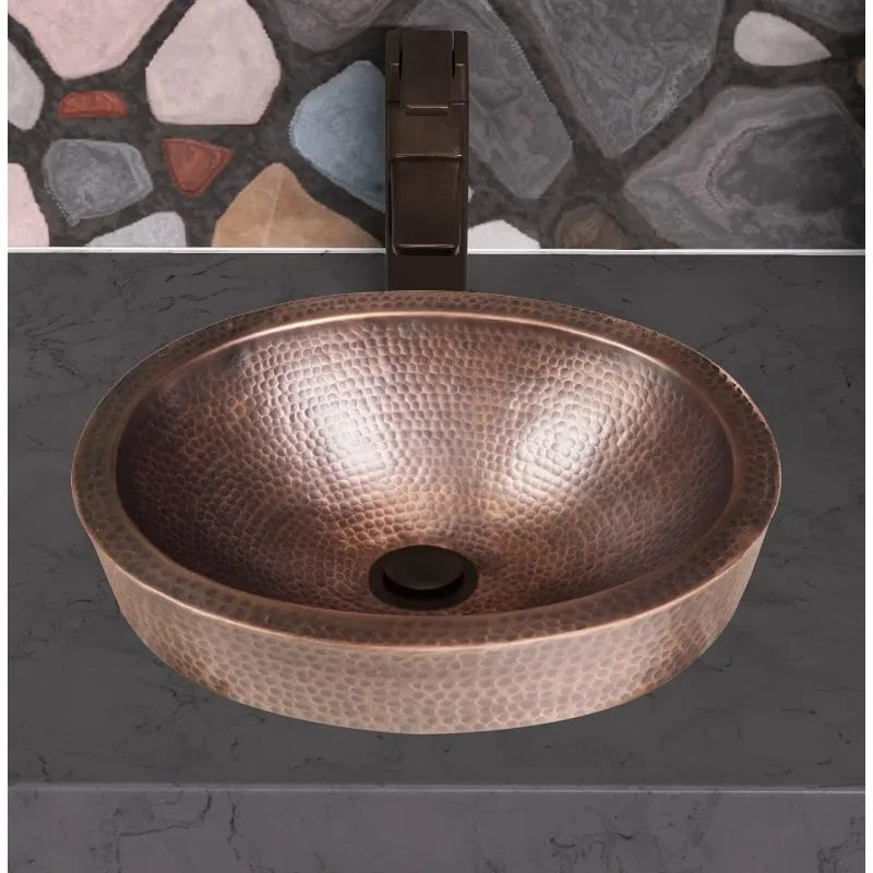 17004 Pure Copper Hand Hammered Oval Skirted Bathroom Vanity Sink (17 inches),Matte Black,Classic White 2