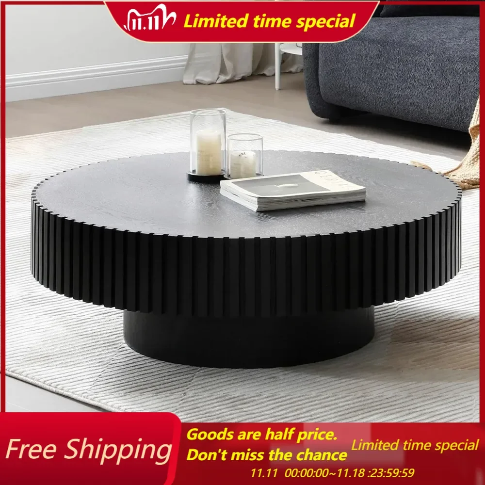 31.49'' Black Round Coffee Table Modern Wood Coffee Table for Living Room, Contemporary Circle Fluted Drum Tabl