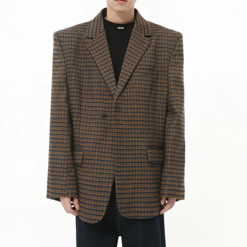 LEVIORTIN British Style Men's Blazers Vintage Double Breasted Plaid Design Casual New Autumn Loose Male Suit Jackets Trendy