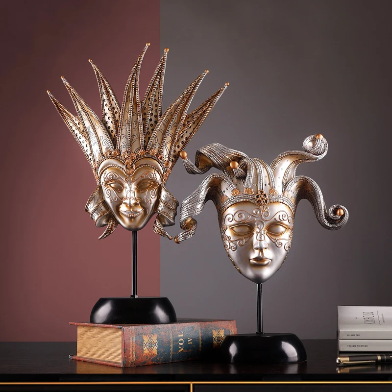

European Vintage Resin Venetian Mask Ornaments Tabletop Living Room Creative Home Decorations Wine Rack Christmas Accessories