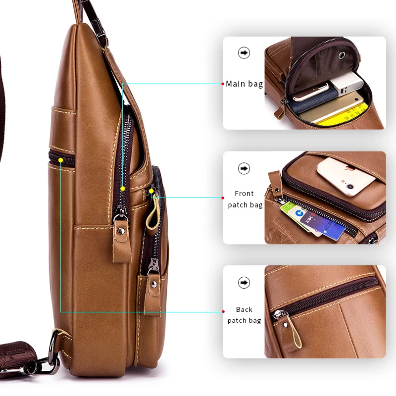 Men's Sports Chest Bag Cowhide Men's Bag New Single Shoulder Crossbody Bag Fashion Large Capacity Wear-resistant Solid Color