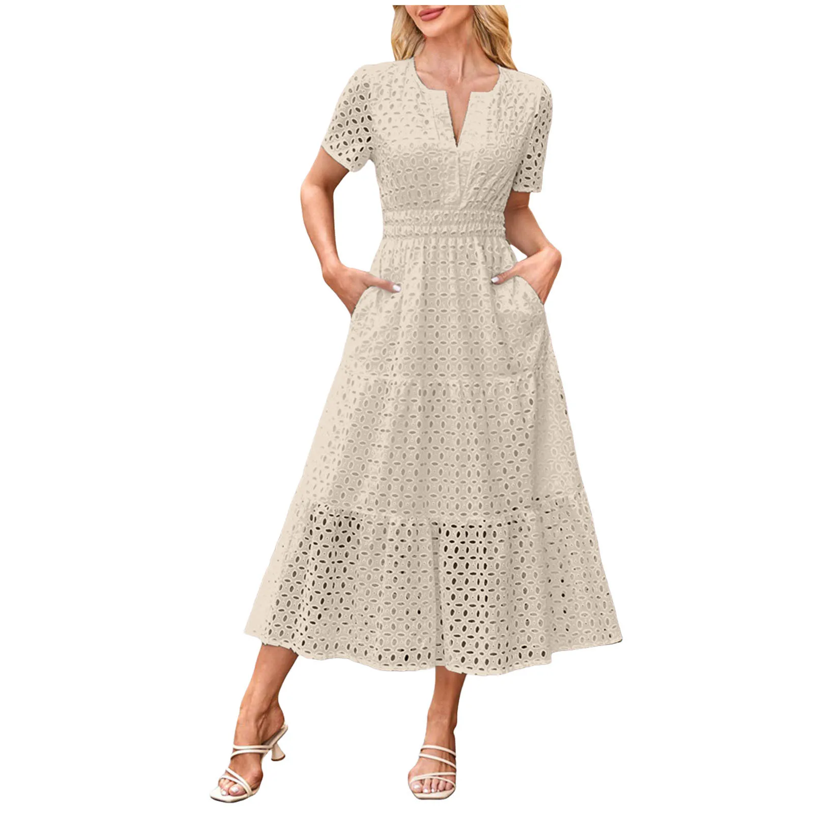 Cocktail Dresses For Women Short Sleeve High Waist Maxi Dress Sexy V Neck Hollow Long Dress Ruffle Hem A Line Dress With Pockets - 2